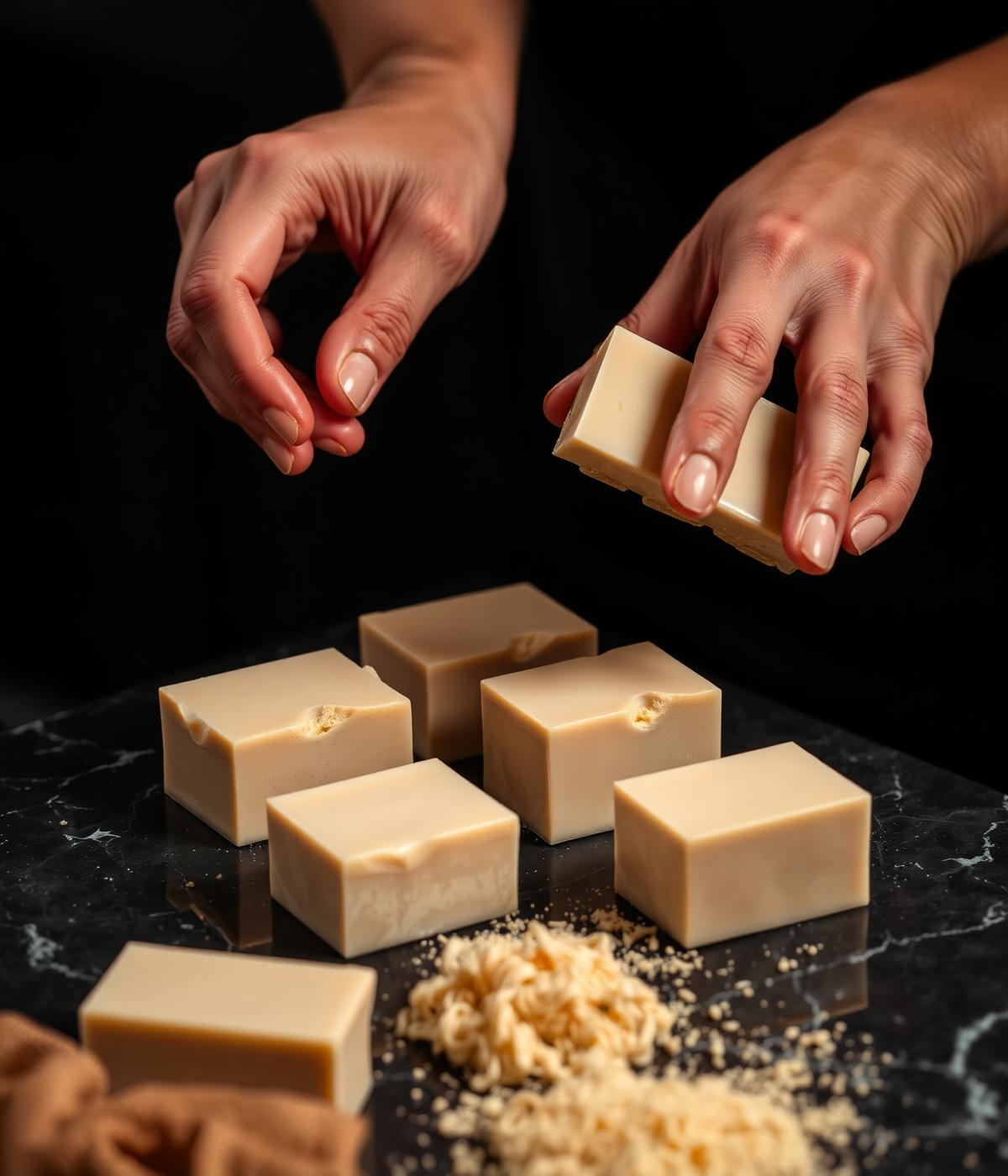 Artisan finishing premium soap bars on a black stone table