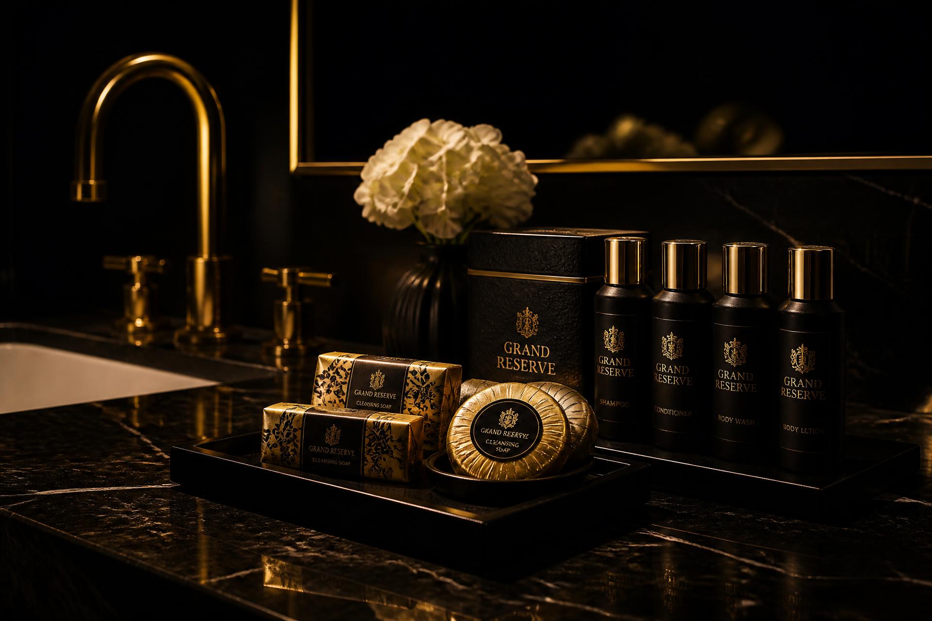 Luxury hotel bathroom vanity with gold-wrapped premium soaps and amenity bottles